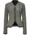 Pull together your look with a finish of immaculate tailoring in Faith Connexions collarless tweed jacket - V-neckline, long sleeves, zippered cuffs, front zip, tailored fit - Pair with form-fitting sheaths and platform pumps