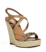 Inject high style to your warm weather look with these ultra-luxe espadrille wedge sandals from Valentino - Stud-detailed front strap, crisscross ankle strap with buckle closure, espadrille wedge heel - Style with a pleated maxi dress and a studded shoulder bag