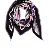 Warm, lightweight silk scarf in plum and lilac - Iconic style from Emilio Pucci - Fashionable triangle shape with casual fridge edges - Easily upgrades simple outfits - Soft and comfortable to wear -  Pair with pants suits, pencil skirts and blouses, and shift dresses