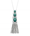 Get in on the latest tassel trend! Bar III's up-to-date design highlights oval-shaped green acrylic beads in an intricate square setting with dangling chains. Crafted in silver tone mixed metal. Approximate length: 29 inches + 3-inch extender. Approximate drop: 6-9/10 inches.