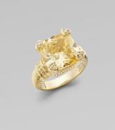 From the Lola Collection. Large cushion-cut canary crystal in 14K gold with diamond heart prongs.Diamonds, 0.076 tcwCanary crystal14K yellow goldAbout ½ squareImported