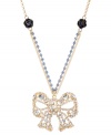 Top off your look to complete the package. Betsey Johnson's ultra-feminine pendant features a crystal-encrusted bow strung from a blue crystal cup chain with flower charm accents. Set in gold-plated mixed metal. Approximate length: 16 inches + 3-inch extender. Approximate drop: 2 inches.