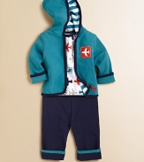 Your little jet-setter will look the part in this charming, plush cotton three-piece set adorned with airplanes for fly style. Bodysuit Envelope necklineShort sleevesBottom snaps Pants Elastic waistbandCuffed hem Jacket Attached hoodLong sleevesFull-zip frontCottonMachine washImported Please note: Number of buttons/snaps may vary depending on size ordered. 