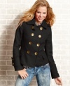 Stay toasty and cute in this jacket from XOXO that features oversized gold-tone buttons and classic pea coat style!