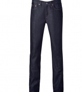 Stylish dark blue slim raw denim pants - These flattering jeans are a necessary addition to any wardrobe - Classic five-pocket cut, on-trend raw denim, slim and straight fit - Style with a rock t-shirt, V-neck cardigan, and motorcycle boots - Dress up with a button down, blazer, and oxfords