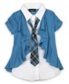 A necktie on the front of this cozy layered cardigan gives her a back-to-school look that sets its own rules.