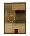 This accent rug will enhance any room. A simple circle within a panel design creates a rug of abstract beauty with tribal allure. The rich palette of beige, olive, khaki and plum features striated accents and subtle gradations for a softly weathered effect.