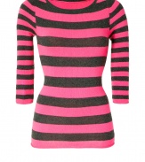 Update your cold weather look with this ultra-chic striped cashmere pullover from Dear Cashmere - Round neck, three-quarter sleeves, slim fit, long body - Pair with skinny jeans, embellished ballet flats, and a sleek parka