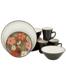 Grounded in basic coupe shapes, the Primrose dinnerware set from Sango Signature combines two-tone solids and allover blooms. Versatile earth tones complete place settings for casual meals in contemporary spaces.