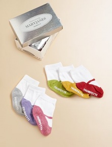 Six pairs of colorful Mary Jane socks packaged in a striking, metallic box.80% cotton/17% acrylic/3% spandexMachine washImportedAdditional InformationKid's Shoe Size Guide (European Equivalent) 