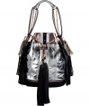 Set the style bar with Sara Battaglias statement drawstring hobo, detailed in ultra-modern metallic leather guaranteed to make an impact - Silver and pewter crinkle leather with black leather detailing, chain-link detailed shoulder strap, oversized tassels around drawstring, silver-toned hardware, studded front panel, green satin lining - Carry with edgy separates or as a sartorial finish to cocktail dresses