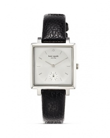 Get in a kate spade new york state of mind with this square-faced watch. Crafted of stainless steel and accented by a chic black leather strap, it's always fashionably on time.