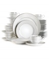 Clean, cool and marked by an understated elegance, Mikasa's Parchment fine china dinnerware and dishes set has a soft gray border embellished with an intricate scroll design. Accented by inner and outer borders of platinum.