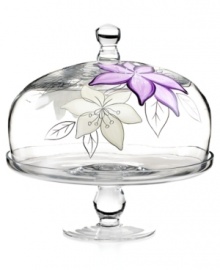 Hand-painted purple and white flowers flourish on this glass cake stand from Laurie Gates serveware by Artland--a fresh companion to the Anna Plum dinnerware pattern by Laurie Gates.