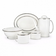 Kate Spade and Lenox join together to bring ease, elegance and understated wit to the table. Library Lane, a pattern banded with stripes, can be dressed up by mixing in Larabee Road polka dot accent plates. Dishwasher safe. Coffeepot pictured on far right.