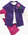 This versatile and cute 3 piece by Guess? includes a flower applique cardigan, long sleeve tee, and trendy pant set.