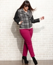 Kick-start your style this season with Dollhouse's plus size motorcycle jacket, featuring faux leather and plaid-- it's at total winner!