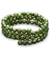 Wrap yourself in elegance. This lovely 3-row coil bracelet features green cultured freshwater pearls (6-7 mm) that make an colorful statement. Bracelet expands to fit wrist. Approximate length: 7 inches.