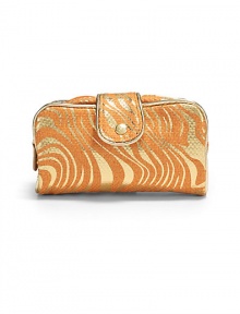 THE LOOKZebra-inspired metallic swirls on canvasPetite rectangular silhouetteSnap tab closure with signature goldtone S studUnfolds to reveal two clear zip pocketsInside removable zip pouchTHE MEASUREMENT7¼W X 3¼H X 2DTHE MATERIALCanvasFully linedORIGINImported