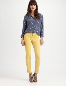 A sprinkling of stars dusts a soft silk button-up from collar to hem.Point collar Button front Flap chest pockets Pleat at center back Button cuffs Shirttail hem About 26 shoulder to hem Silk Dry clean Imported