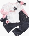 Girlie touches show off her sweet side in this precious shirt, pant, headband and booties 4-piece set from Guess.