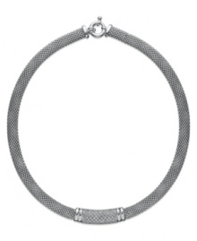 On-trend style with a splash of sparkle. This chic sterling silver mesh necklace features a rectangular center covered in round-cut diamonds (3/4 ct. t.w.). Open-ended bangle slips easily over the wrist. Approximate length: 18 inches.