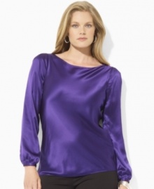 Decadent refined satin is luxuriously designed in Lauren Ralph Lauren's classic long-sleeved boatneck silhouette with billowing sleeves to create a chic, contemporary essential. (Clearance)