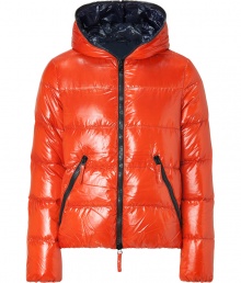 Stay warm while maintaining your impeccable style in this sporty, lightweight down jacket from Duvetica - Hooded, front zip closure that extends to the hood for decorative effect, long sleeves, zip pockets, quilted - Shorter cut, fitted cuffs and hemline - Wear with jeans or corduroys and a cashmere pullover