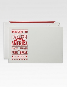 To America, with love. Nostalgia in the form of patriotic posters with iconic typography graces this set of 10 flat cards.Set of 10 cards and envelopesApprox. 4¼ X 6 Made in USA