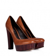 Finish your look on a contemporary note with Rachel Zoes ultra versatile brushed luggage leather platforms - Rounded toe, lacquered wood-effect platform and heel - Slips on - Pair with chic business separates or flirty day dresses