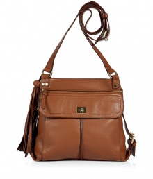 Perfect for an off-duty outing, this luxe shoulder bag brings covet-worthy style to any look - Long shoulder strap, top zip closure, front zip and flap pocket, decorative side buckles, tassel detail, back zip pocket - Perfect for daily use, work, or off-duty cool