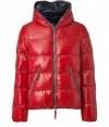 A sleek patina and vibrant contrast piping lend this Duvetica down jacket its sporty and stylish edge - In a lighter weight, wind- and water-resistant red polyamide with grey trim - Straight cut fits close to the body for extra warmth - Full zip, hood and oversize diagonal zippered pockets at front - Perfect for cold weather casual looks - Pair with jeans, chinos, cords and athletic pants