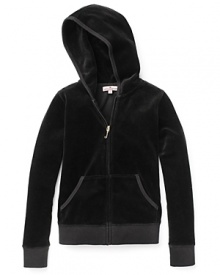 This plush velour Juicy Couture hoodie features a gold metallic Varsity Heart Seal logo at back and a cozy kangaroo pocket.