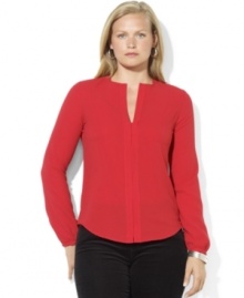 Lauren Ralph Lauren's long-sleeved plus size blouse in a breezy silhouette is accented with a flirty keyhole opening at the front and finished with a hidden placket for a modern update to a wardrobe must-have.