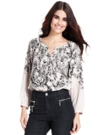 Style&co.'s petite blouse has a romantic feel with a floral scroll print and pintuck pleated details.