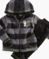 Your little guy will rock big style in this striped fleece hoodie and pants set by Mick Mack.