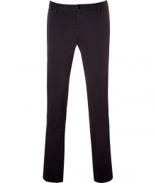 Everyday style is found in these navy blue cotton stretch chinos - Causal, clean cut - Loose fit with slim, straight legs - Belt loops and side, slit pockets - Goes with anything, including pullovers, leather jackets or parkas - Great alternative to jeans or basic khaki pants for causal Fridays at the office