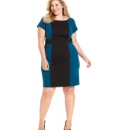 A slimming colorblocked pattern elegantly defines AGB's short sleeve plus size dress-- it's a must-have for your fall wardrobe!