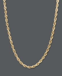 A long chain to add a layer of elegance. This handsomely crafted chain features a seamless rope design in 14k gold. Approximate length: 24 inches.