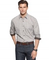 A sophisticated glen plaid gives this Tasso Elba shirt extra presence in your casual wardrobe.