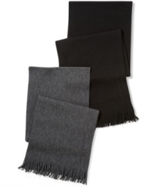 Sometimes simple says it best: Classic, solid scarf in fine-gauge virgin wool knit from Hugo Boss.