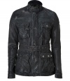 An ultra luxe iteration of a timeless silhouette, this textural leather Belstaff jacket guarantees to take you through the seasons in style - Stand collar with buckle detail, long sleeves, zippered and snapped cuffs, concealed front zipper placket with snaps, snapped flap pockets, belted waist - Slim fit - Pair with jeans, a tee and motorcycle boots or with slim trousers and trainers