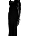 Luxurious asymmetrical black gown from Matthew Williamson - Add stylish pizzazz to your black tie attire in this lavish silk gown - Figure-hugging draped silhouette, one-shouldered style with cascading silk over one side with embellished flower - Dramatic length - Wear with fishnet tights, sky-high platforms, and a statement necklace