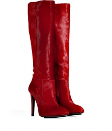 Ultra glamorous in shocking red haircalf, Burak Uyans knee high boots guarantee an eye-catching luxe edge to your outfit - Rounded toe, inside zip, tonal leather covered stiletto heel - Knee height - Wear with statement dresses and jet black accessories