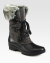 Extra soft rabbit fur tops this suede and leather boot, with contrasting laces and a durable rubber sole. Rubber heel, 1½ (40mm)Rubber platform, ¾ (20mm)Compares to a ¾ heel (20mm)Shaft, 9Leg circumference, 12Weatherproof suede and leather upper with faux fur trimFaux fur lining with removable sockSlip resistant rubber trek solePadded insoleMade in Italy