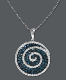 Mesmerizing good looks. Bella Bleu by Effy Collection's stunning swirl pendant will have you totally entranced with its chic circular shape and round-cut blue diamond (1-3/8 ct. t.w.) and white diamond (1/3 ct. t.w.) decor. Setting and chain crafted in 14k white gold. Approximate length: 18 inches. Approximate drop length (with bale) 1-1/16 inches. Approximate drop width: 13/16 inch.