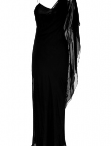 Luxurious asymmetrical black gown from Matthew Williamson - Add stylish pizzazz to your black tie attire in this lavish silk gown - Figure-hugging draped silhouette, one-shouldered style with cascading silk over one side with embellished flower - Dramatic length - Wear with fishnet tights, sky-high platforms, and a statement necklace