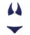 Bring the sexy to your poolside style with this chic bikini from Melissa Odabash - Triangle halter top with rectangular charm cut-out detail, slim fit bottoms with side rectangular charm cut-out detail- Pair with a sheer caftan, wedge heels, and a floppy hat