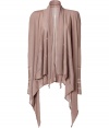 Ultra-luxe drape-front cardigan in nougat cashmere - An elegant twist on wardrobe essentials from Donna Karan - Long sleeves with contrast cashmere ribbon detail hit below the waist - Asymmetric lapels drape and twist - Easy, cozy fit and chic detail lend it an urban ballerina vibe - Pair with skinny jeans, embellished flats and a white t-shirt