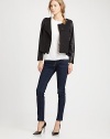 EXCLUSIVELY AT SAKS. A chic jacket that will never go out of style-- this wardrobe staple has leather trim and epaulets that evoke a military feel. RoundneckLeather epauletsLong leather sleevesAsymmetrical button frontBack ventAbout 22 from shoulder to hemBody: 65% rayon/20% polyester/15% spandexTrim: LeatherDry clean with leather specialistImportedModel shown is 5'9 (176cm) wearing US size Small.